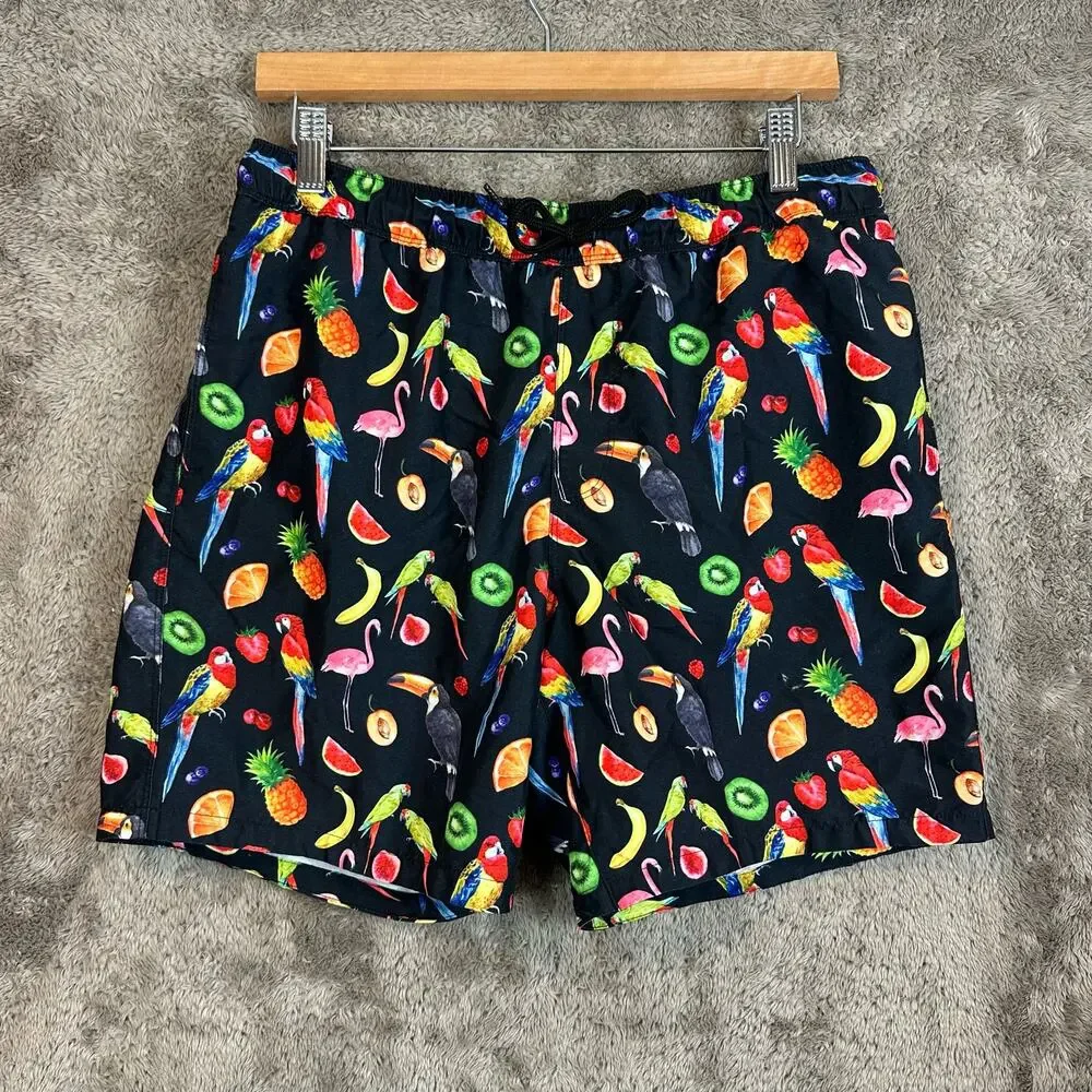 Asos  Swim Trunks Shorts Parrots Fruit Print Medium M Black Hawaiian Beachy